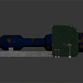 Rusted Blue Pipe With Red Valve Green Square Box With Wheels On Gray Base