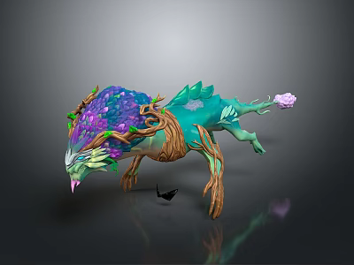 Magical Fantasy Creature With Green Body Purple Crystal Back Tree Root Legs And Horns 3d model