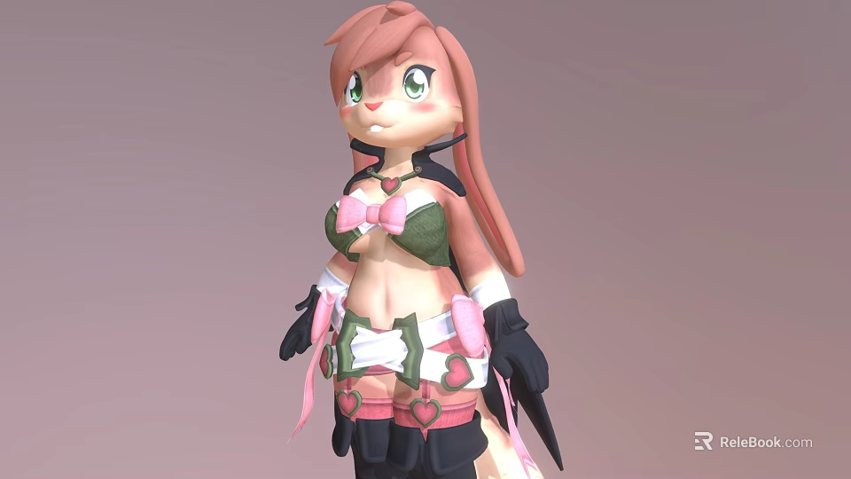 Cute Game Anime Character With Pink Long Hair Green Eyes And Green Pink Outfit 3d model 