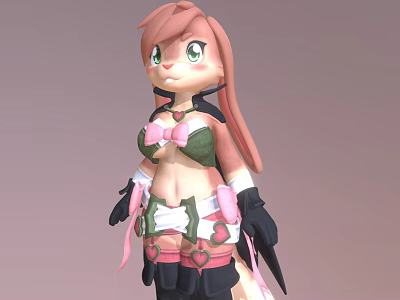 Cute Game Anime Character With Pink Long Hair Green Eyes And Green Pink Outfit 3d model