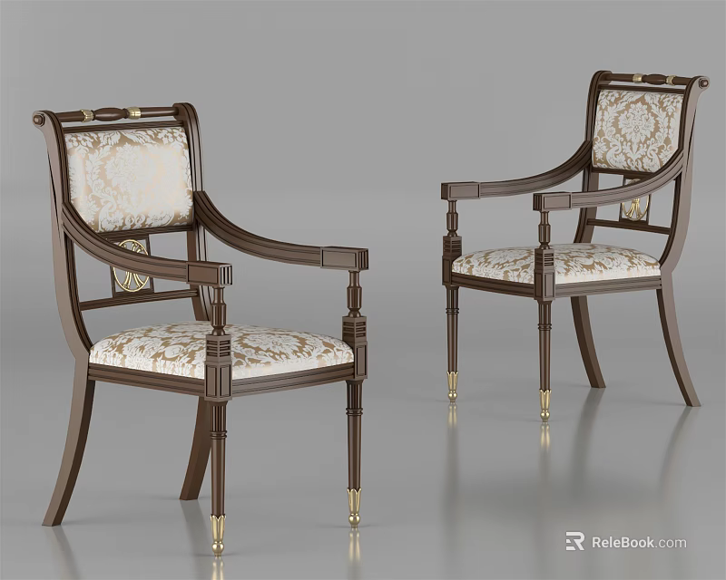 Elegant Accent Chairs With Wooden Frame Patterned Fabric And Gold Accents 3d model 