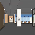 Modern Hospital Outpatient Corridor With Wooden Walls White Ceiling Signage Seats And Glass Door