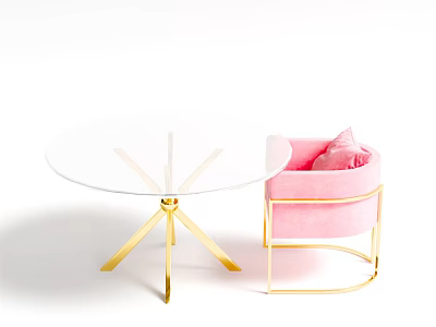 Pink Velvet Single Sofa with Golden Frame and Round Glass Table with Golden Base 3d model