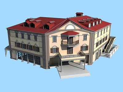 European Style Building With Red Roof Yellow Walls Multiple Arched Windows And Decorative Balcony 3d model