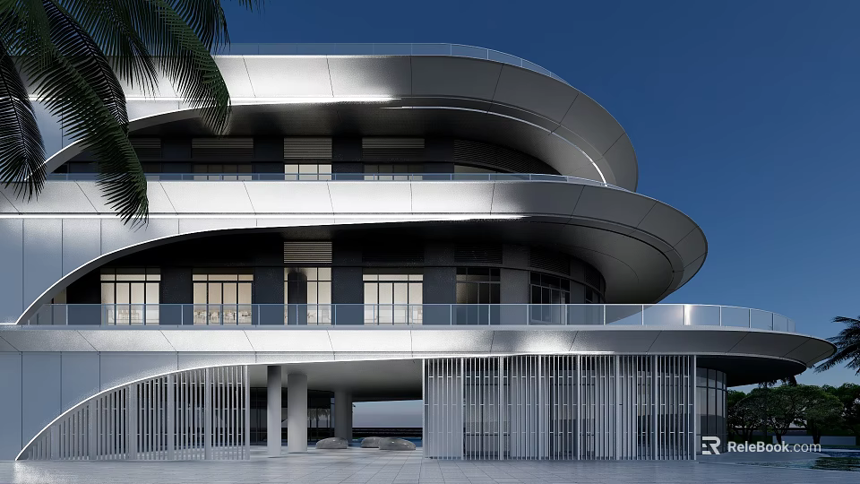 Modern Streamlined Sales Office Building With Curved Façade And Large Glass Windows 3d model 