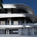 Modern Streamlined Sales Office Building With Curved Façade And Large Glass Windows