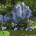 Garden Ornament Display With Rock Formations Green Plants Terracotta Pots Bamboo And Grass