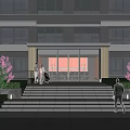 Modern Building Entrance Gate With Glass Doors Steps Purple Flowers And People