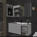 Modern Bathroom Vanity With White Countertop Storage Cabinet Mirror And Gray Marble Wall