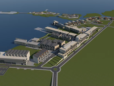 Modern Waterfront Office Buildings With Landscaped Green Spaces And Parking Areas 3d model