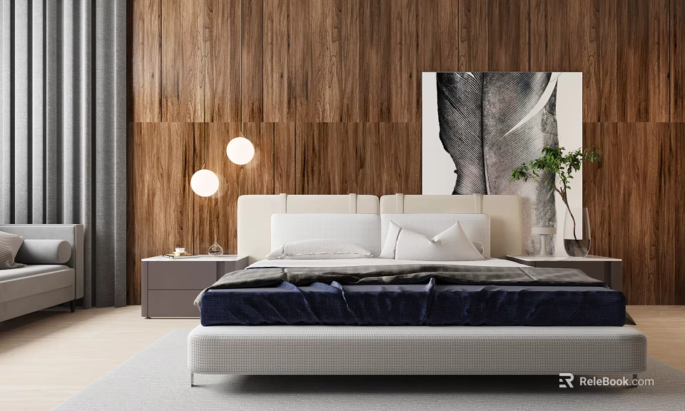 Double Bed In Modern Bedroom With Wooden Wall Feather Painting And Pendant Lights 3d model 