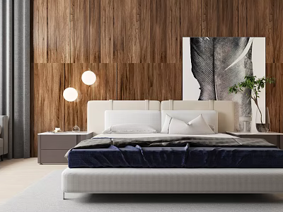 Double Bed In Modern Bedroom With Wooden Wall Feather Painting And Pendant Lights 3d model