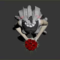 Woman in White Wedding Dress with Veil Holding Red Bouquet on Gray Background
