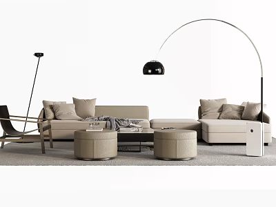 Modern Beige L Shaped Sofa Coffee Table Set With Cushions And Arc Floor Lamp 3d model