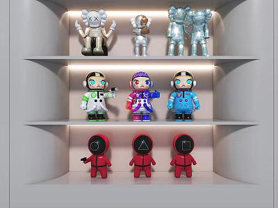 Collectible Dolls Displayed on White Shelves with Stylish and Unique Colorful Designs 3d model