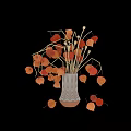 Elegant Decorative Ornament Set With White Wavy Vase Orange Red Physalis Dried Branches Black Background