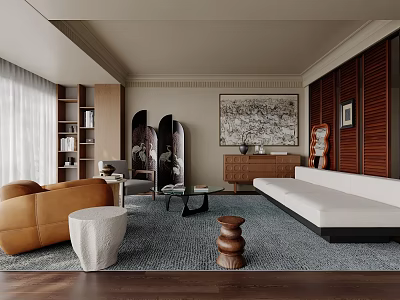 Elegant Modern Living Room Interior With Brown Leather Sofa Blue Rug And Wooden Coffee Table 3d model