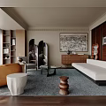 Elegant Modern Living Room Interior With Brown Leather Sofa Blue Rug And Wooden Coffee Table