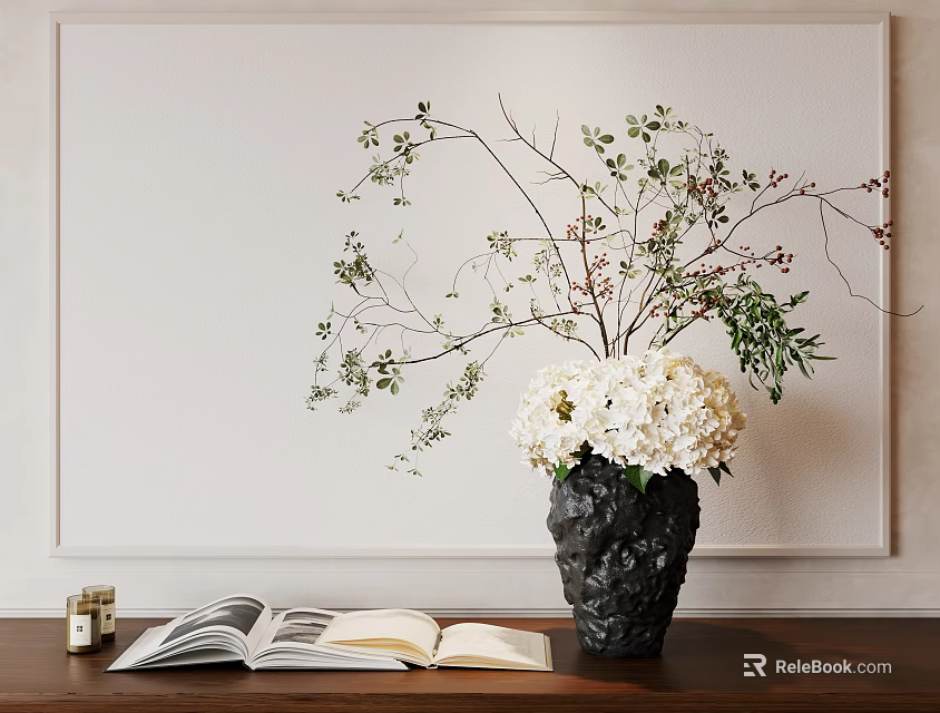 Black Vase With White Hydrangea Flowers Green Branches And Open Book On Wooden Table 3d model 