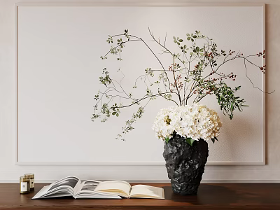 Black Vase With White Hydrangea Flowers Green Branches And Open Book On Wooden Table 3d model