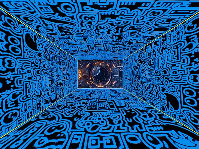 Hotel Corridor with Blue Black Intricate Patterns and Circular Illuminated Fixture at End 3d model