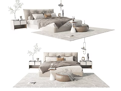 Modern Double Bed Interior Setup With Nightstands Pendant Lights Soft Pillows And Area Rug 3d model