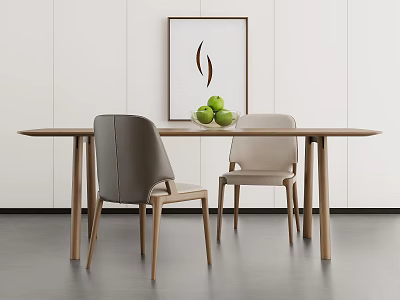 Modern Wooden Table With Gray And Beige Chairs Green Apples And Decorative Painting 3d model