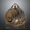 Wooden Barrel Shaped Household Decor With Rope Wrapped Metal Hoops Faucet And Animal Heads