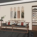 New Chinese style home guest restaurant sofa combination dining table and chair combination chandelier curtain loose shape 3d model