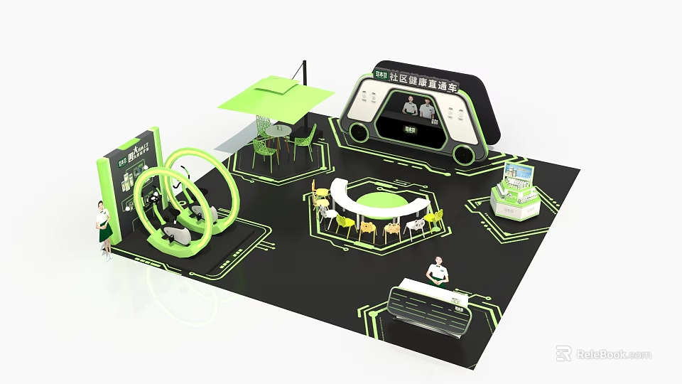 Modern Exhibition Booth With Green Accents Interactive Displays Seating And Console 3d model