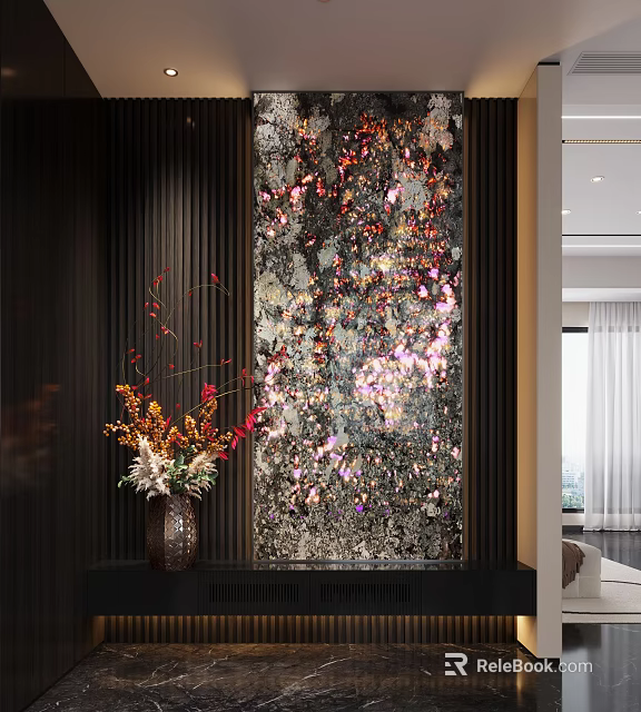 Foyer Hallway with Dark Vertical Stripes Large Artwork Red Pink Silver Tones and Flower Arrangement 3d model 