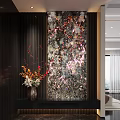 Foyer Hallway with Dark Vertical Stripes Large Artwork Red Pink Silver Tones and Flower Arrangement