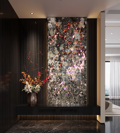 Foyer Hallway with Dark Vertical Stripes Large Artwork Red Pink Silver Tones and Flower Arrangement 3d model