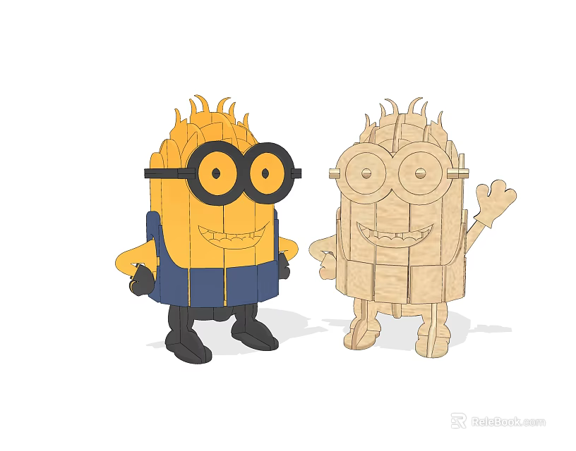 Two Cute Cartoon Characters One Yellow With Goggles And One Wooden Textured Waving Together 3d model 