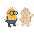Two Cute Cartoon Characters One Yellow With Goggles And One Wooden Textured Waving Together