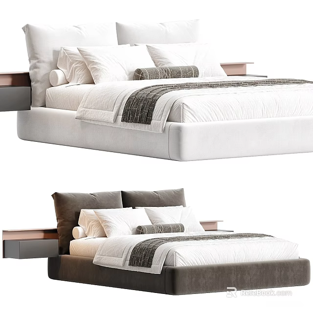 Modern Double Bed With Upholstered Headboard White Bedding Gray Accent And Side Panels 3d model 