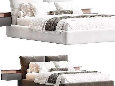 Modern Double Bed With Upholstered Headboard White Bedding Gray Accent And Side Panels 3d model
