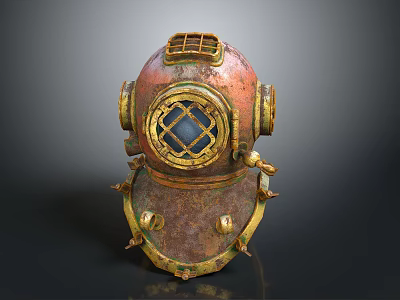 Vintage Diving Helmet With Rusty Copper Finish And Gold Accents Round Viewport 3d model