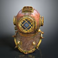 Vintage Diving Helmet With Rusty Copper Finish And Gold Accents Round Viewport