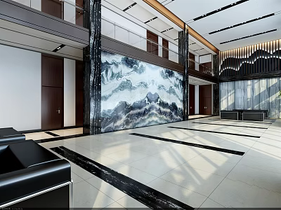 Front Desk Reception In Modern Lobby With Marble Feature Wall And Black Leather Sofas 3d model