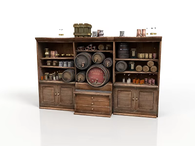 Vintage Wooden Display Cabinet With Barrels Glass Jars And Storage Shelves 3d model