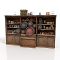 Vintage Wooden Display Cabinet With Barrels Glass Jars And Storage Shelves