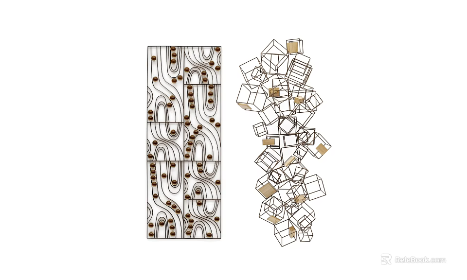 Modern Abstract Wall Decor With Curved Patterns Dot Details And Geometric Cubes In Brown White 3d model 