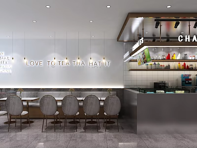 Modern Bubble Tea Shop Interior With Seating Area Counter Hanging Lights And Wall Sign 3d model