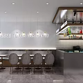 Modern Bubble Tea Shop Interior With Seating Area Counter Hanging Lights And Wall Sign