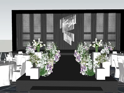 Elegant Stage Floral Display With White Purple Blooms Geometric Backdrop Gray Curtains And Tables 3d model