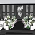 Elegant Stage Floral Display With White Purple Blooms Geometric Backdrop Gray Curtains And Tables