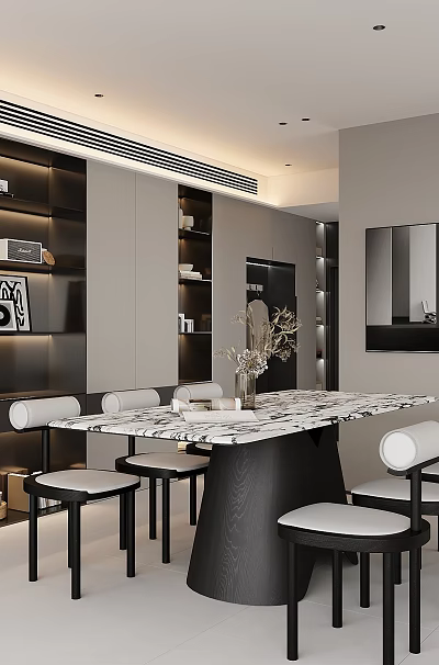 Modern Restaurant Interior With Marble Table Black Chairs Storage Cabinets And Green Plant 3d model