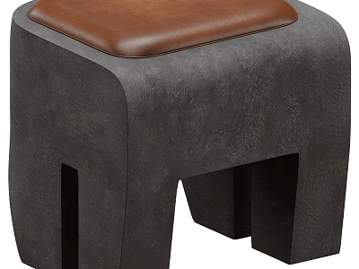 Modern Bar Stool With Brown Leather Seat Gray Concrete Frame And Cutout Leg Design 3d model