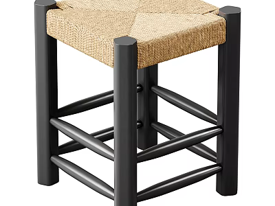 Modern Stool With Black Wooden Legs Crossed Rungs And Light Brown Woven Seat 3d model